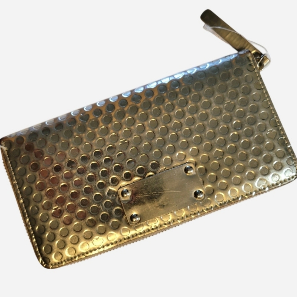 Kate Spade Gold Wallet Zip Metallic Compartments Vegan Faux Leather Shiny